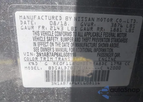 2019 Nissan Sentra Sv из США, поврежденный, VIN 3N1AB7AP6KL608116